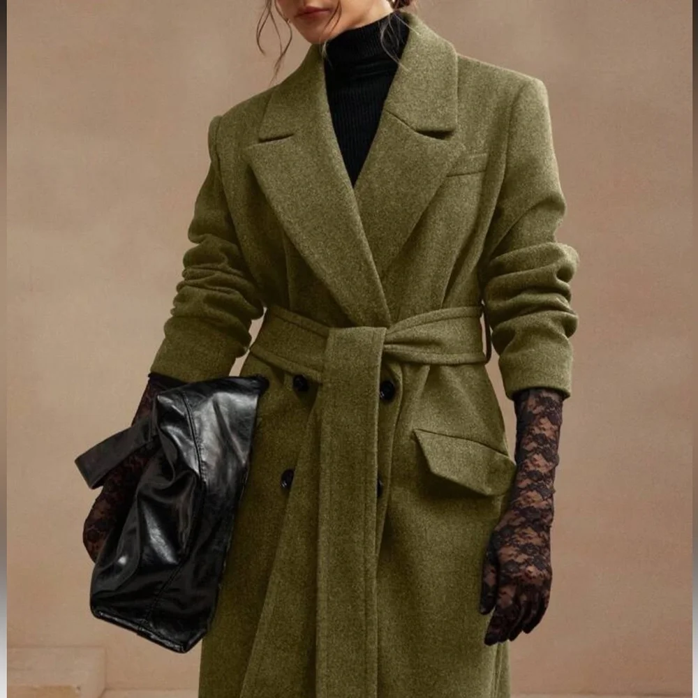 Luxury Long Pea Coat Belted Jacket dark Brown - Picture 6 of 13